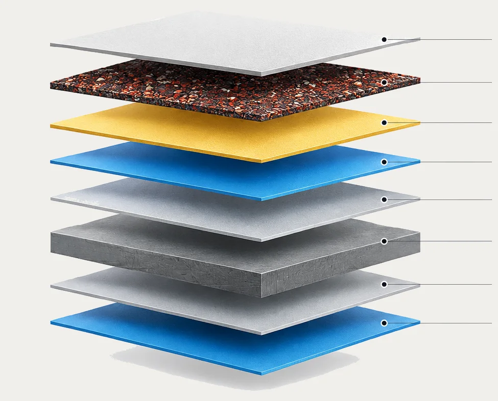 Exploded view of a QUEENTILE panel: eight separated layers from the stone-grit surface down to the steel core and underside coatings.